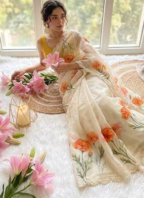 Offwhite taby silk blend digital print and cutdana moti work saree blouse 3