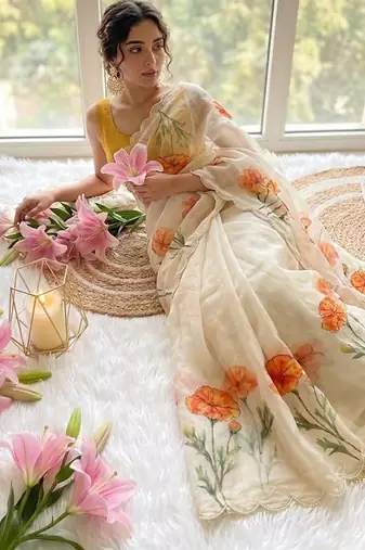 Offwhite taby silk blend digital print and cutdana moti work saree blouse