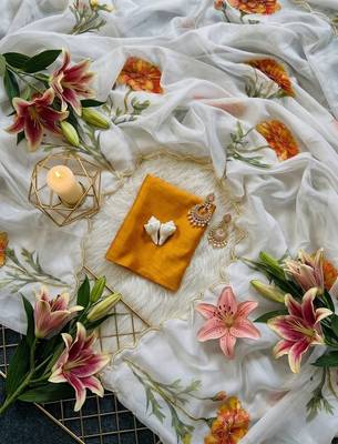 Offwhite taby silk blend digital print and cutdana moti work saree blouse 4