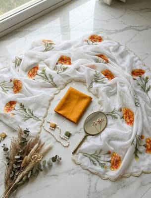 Offwhite taby silk blend digital print and cutdana moti work saree blouse 5