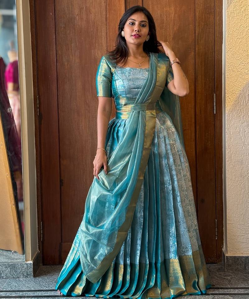 Sky Blue South Indian Lehenga Choli Set