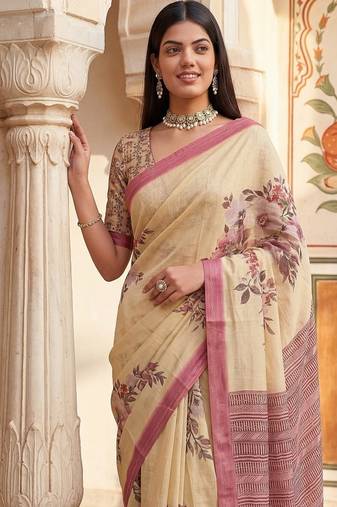 Cream Color Dori And Print Work Silk Blend Saree