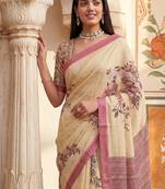 Cream Color Dori And Print Work Silk Blend Saree