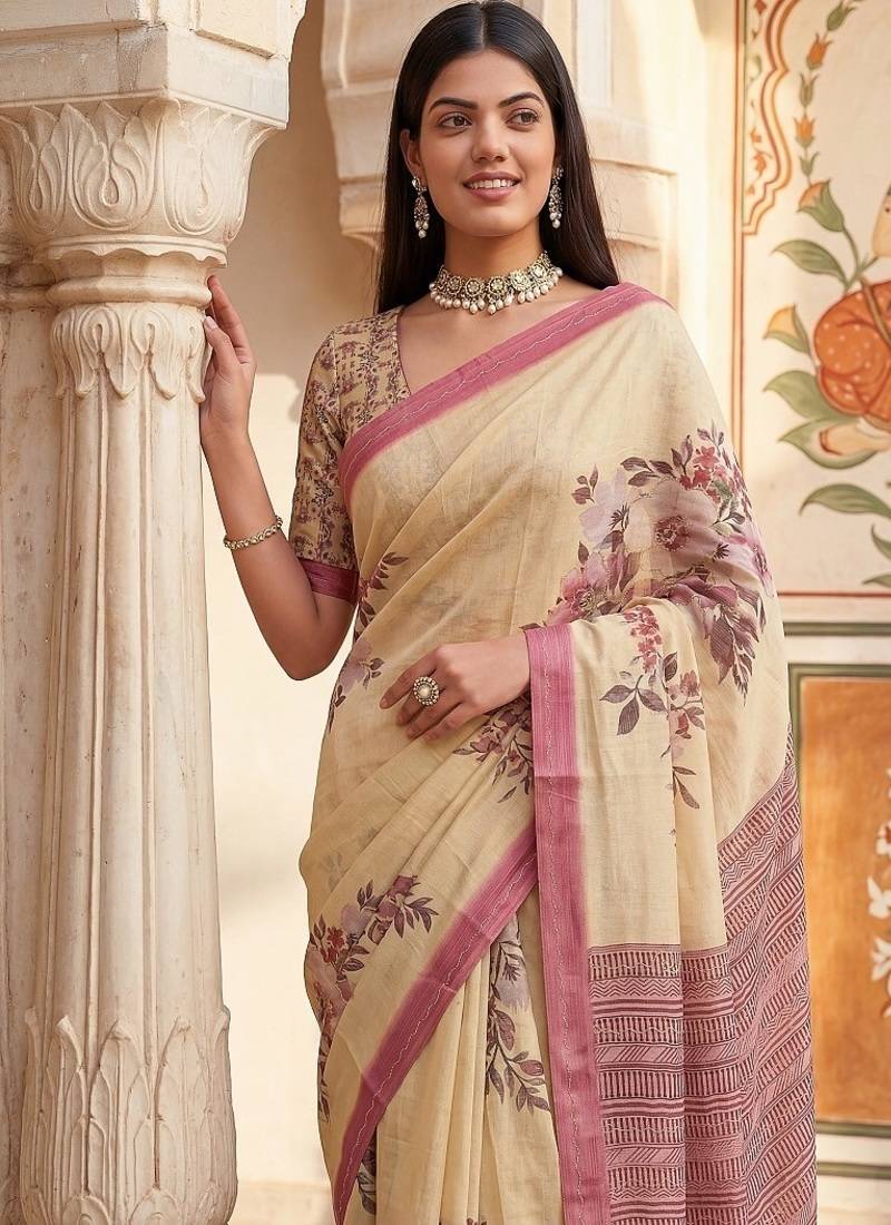 Cream Color Dori And Print Work Silk Blend Saree