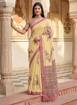 Cream Color Dori And Print Work Silk Blend Saree 2