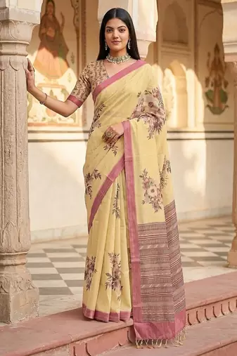 Cream Color Dori And Print Work Silk Blend Saree