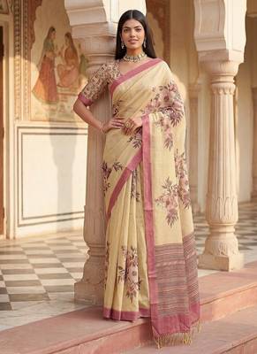 Cream Color Dori And Print Work Silk Blend Saree 3