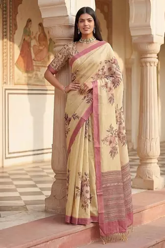 Cream Color Dori And Print Work Silk Blend Saree