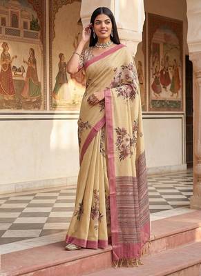 Cream Color Dori And Print Work Silk Blend Saree 4