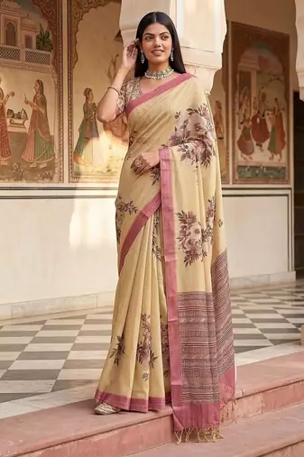 Cream Color Dori And Print Work Silk Blend Saree