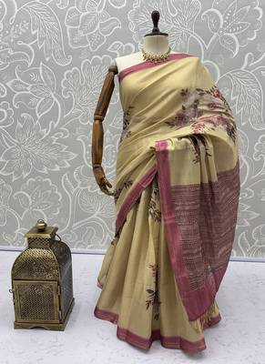 Cream Color Dori And Print Work Silk Blend Saree 5