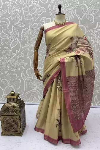 Cream Color Dori And Print Work Silk Blend Saree