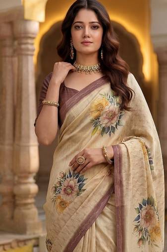 Cream Color Dori And Print Work Silk Blend Saree