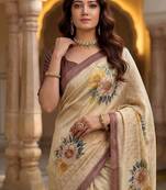 Cream Color Dori And Print Work Silk Blend Saree