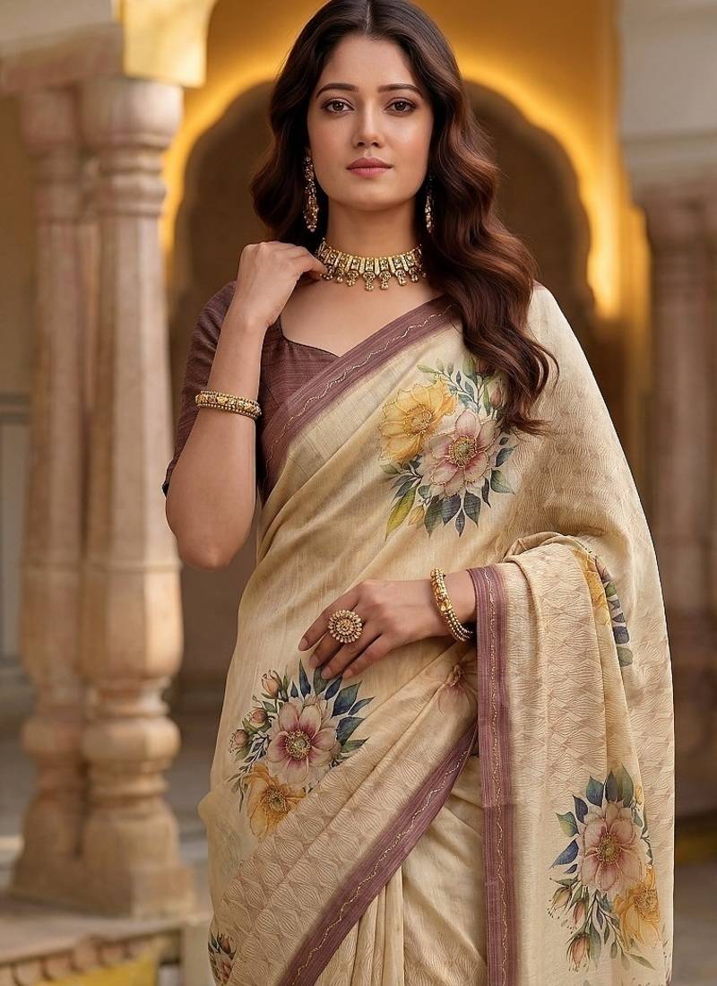 Cream Color Dori And Print Work Silk Blend Saree
