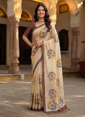 Cream Color Dori And Print Work Silk Blend Saree 2
