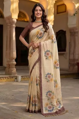 Cream Color Dori And Print Work Silk Blend Saree