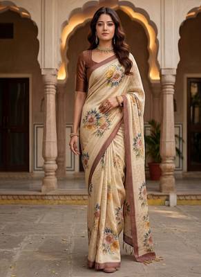 Cream Color Dori And Print Work Silk Blend Saree 3