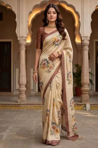 Cream Color Dori And Print Work Silk Blend Saree