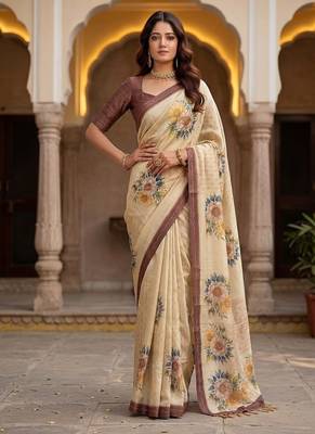 Cream Color Dori And Print Work Silk Blend Saree 4