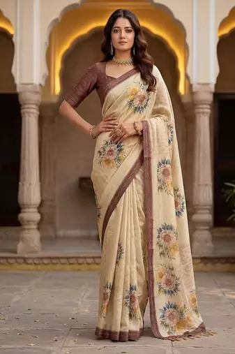Cream Color Dori And Print Work Silk Blend Saree