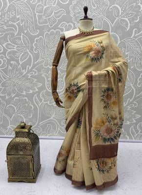 Cream Color Dori And Print Work Silk Blend Saree 5