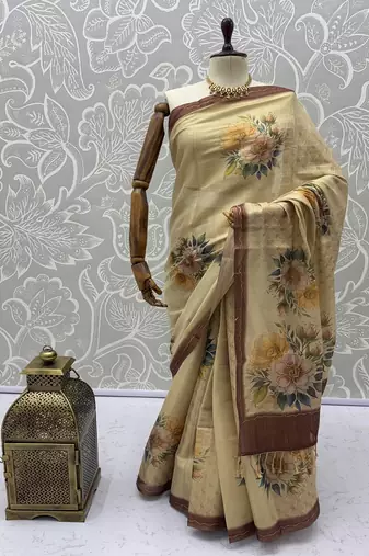 Cream Color Dori And Print Work Silk Blend Saree