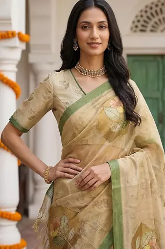 Cream Color Dori And Print Work Silk Blend Saree