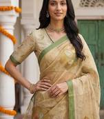 Cream Color Dori And Print Work Silk Blend Saree