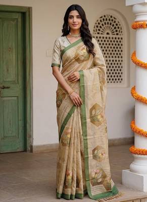 Cream Color Dori And Print Work Silk Blend Saree 2
