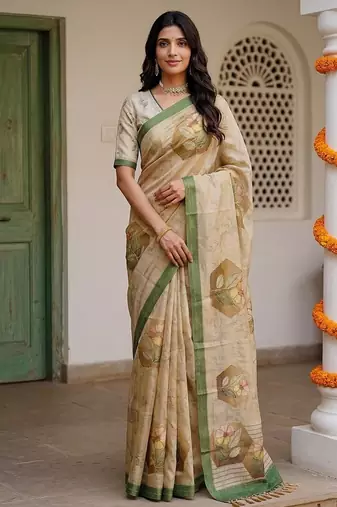 Cream Color Dori And Print Work Silk Blend Saree