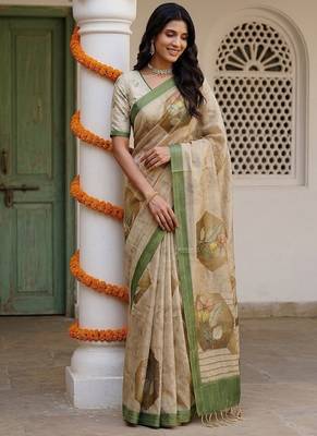 Cream Color Dori And Print Work Silk Blend Saree 3