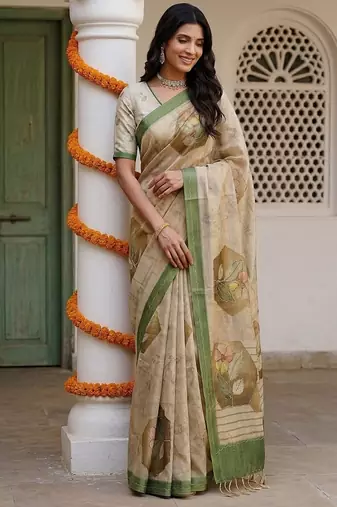 Cream Color Dori And Print Work Silk Blend Saree