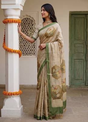 Cream Color Dori And Print Work Silk Blend Saree 4