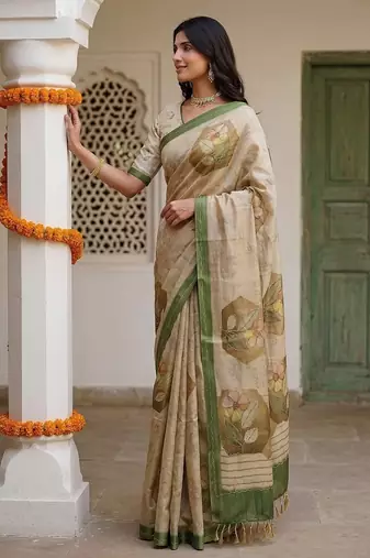 Cream Color Dori And Print Work Silk Blend Saree