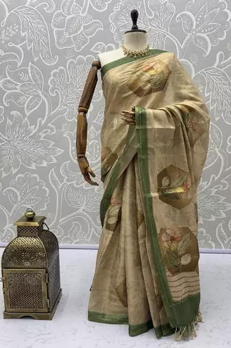 Cream Color Dori And Print Work Silk Blend Saree
