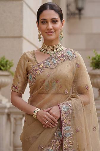 Beige Color Patch Embroidered,Dori,Multi Thread,Zari,Sequins And Zircon Diamond Work Silk Blend Saree