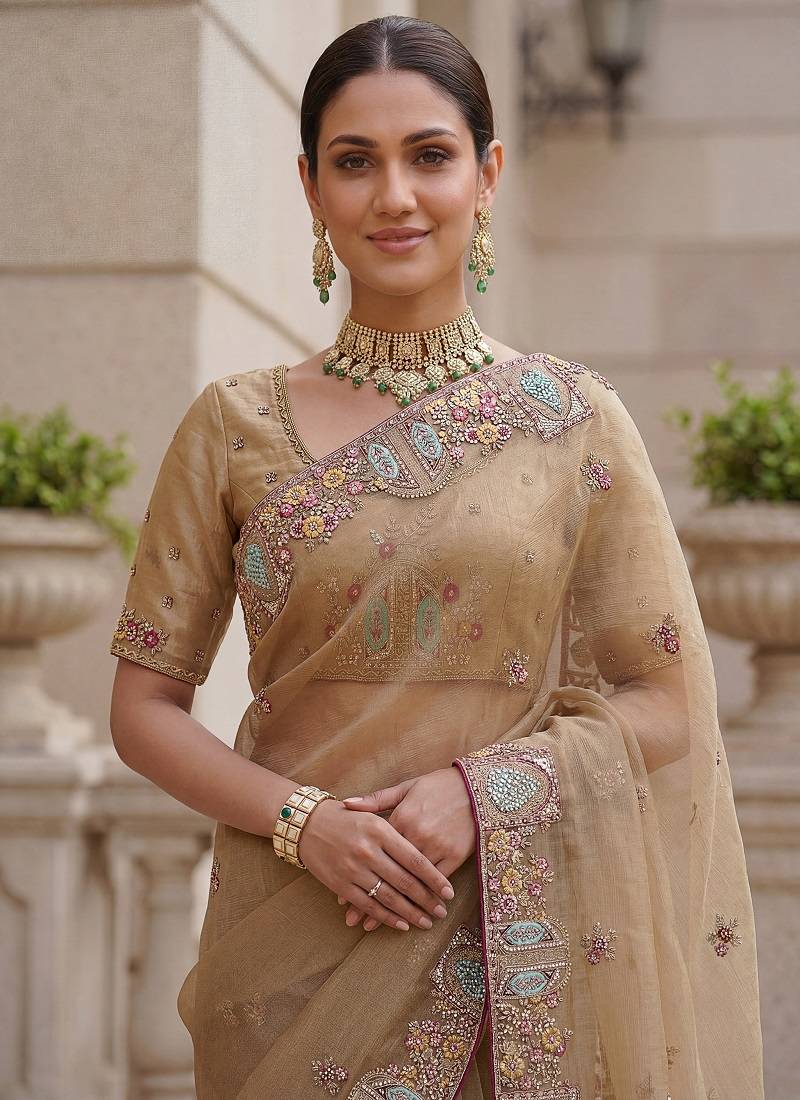 Beige Color Patch Embroidered,Dori,Multi Thread,Zari,Sequins And Zircon Diamond Work Silk Blend Saree
