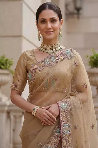 Beige Color Patch Embroidered,Dori,Multi Thread,Zari,Sequins And Zircon Diamond Work Silk Blend Saree