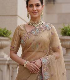 Beige Color Patch Embroidered,Dori,Multi Thread,Zari,Sequins And Zircon Diamond Work Silk Blend Saree