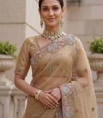 Beige Color Patch Embroidered,Dori,Multi Thread,Zari,Sequins And Zircon Diamond Work Silk Blend Saree