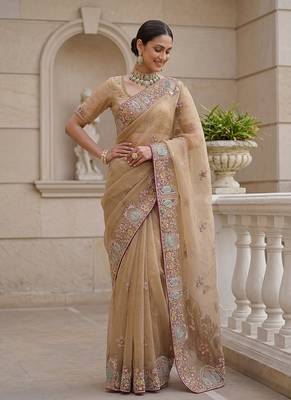 Beige Color Patch Embroidered,Dori,Multi Thread,Zari,Sequins And Zircon Diamond Work Silk Blend Saree 2