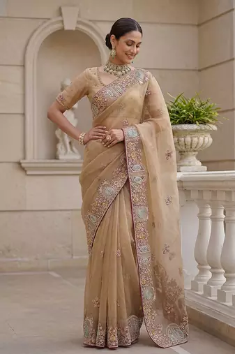 Beige Color Patch Embroidered,Dori,Multi Thread,Zari,Sequins And Zircon Diamond Work Silk Blend Saree