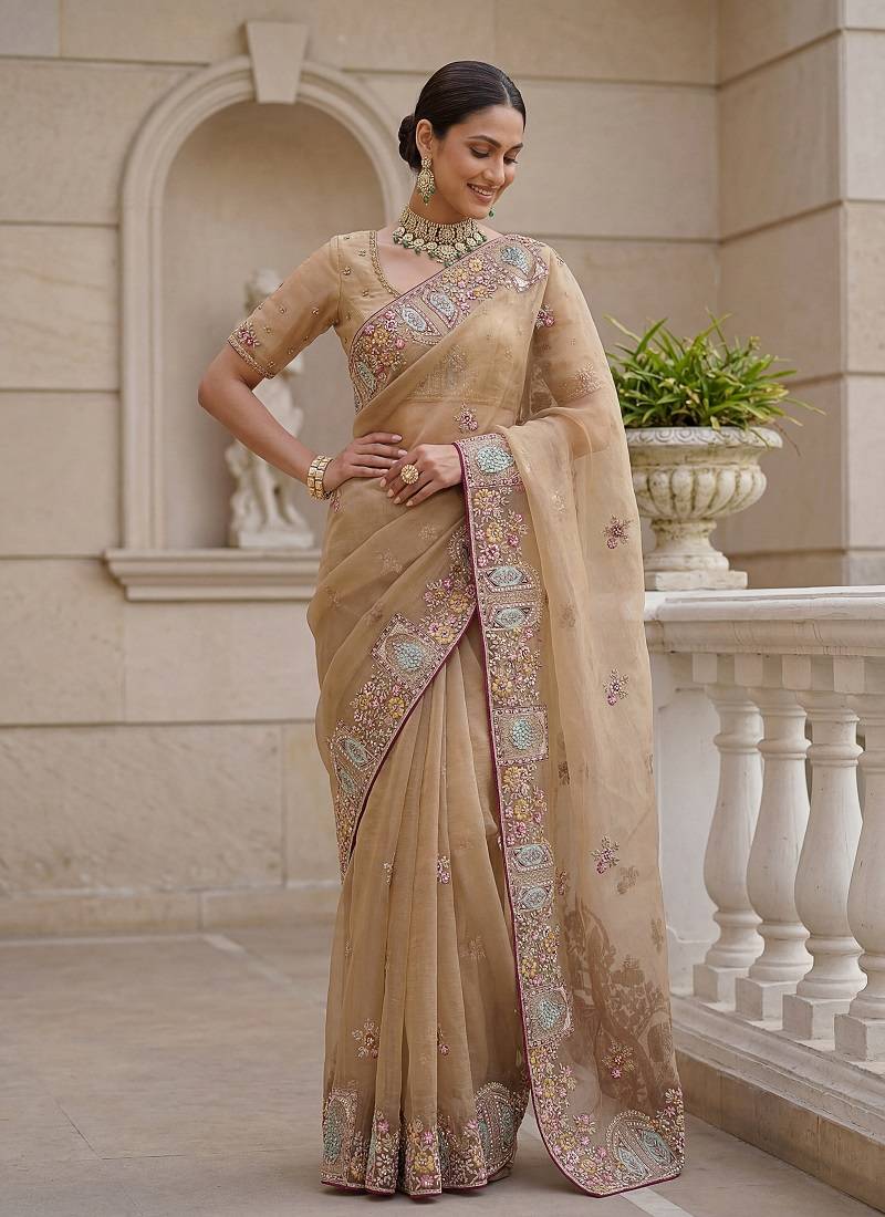 Beige Color Patch Embroidered,Dori,Multi Thread,Zari,Sequins And Zircon Diamond Work Silk Blend Saree