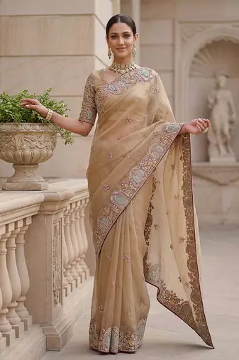 Beige Color Patch Embroidered,Dori,Multi Thread,Zari,Sequins And Zircon Diamond Work Silk Blend Saree