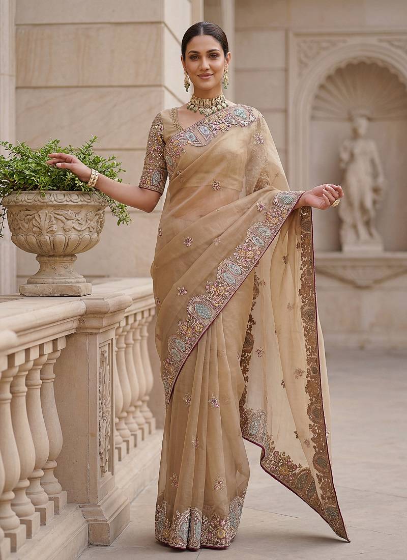 Beige Color Patch Embroidered,Dori,Multi Thread,Zari,Sequins And Zircon Diamond Work Silk Blend Saree