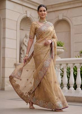 Beige Color Patch Embroidered,Dori,Multi Thread,Zari,Sequins And Zircon Diamond Work Silk Blend Saree 4
