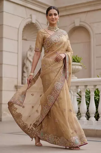 Beige Color Patch Embroidered,Dori,Multi Thread,Zari,Sequins And Zircon Diamond Work Silk Blend Saree