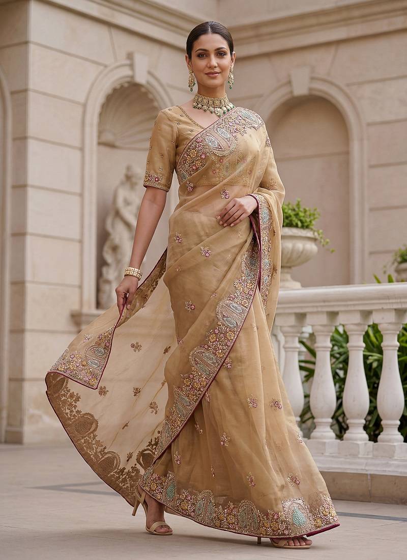 Beige Color Patch Embroidered,Dori,Multi Thread,Zari,Sequins And Zircon Diamond Work Silk Blend Saree