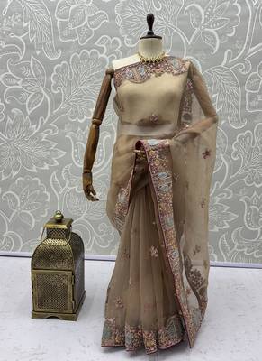 Beige Color Patch Embroidered,Dori,Multi Thread,Zari,Sequins And Zircon Diamond Work Silk Blend Saree 5
